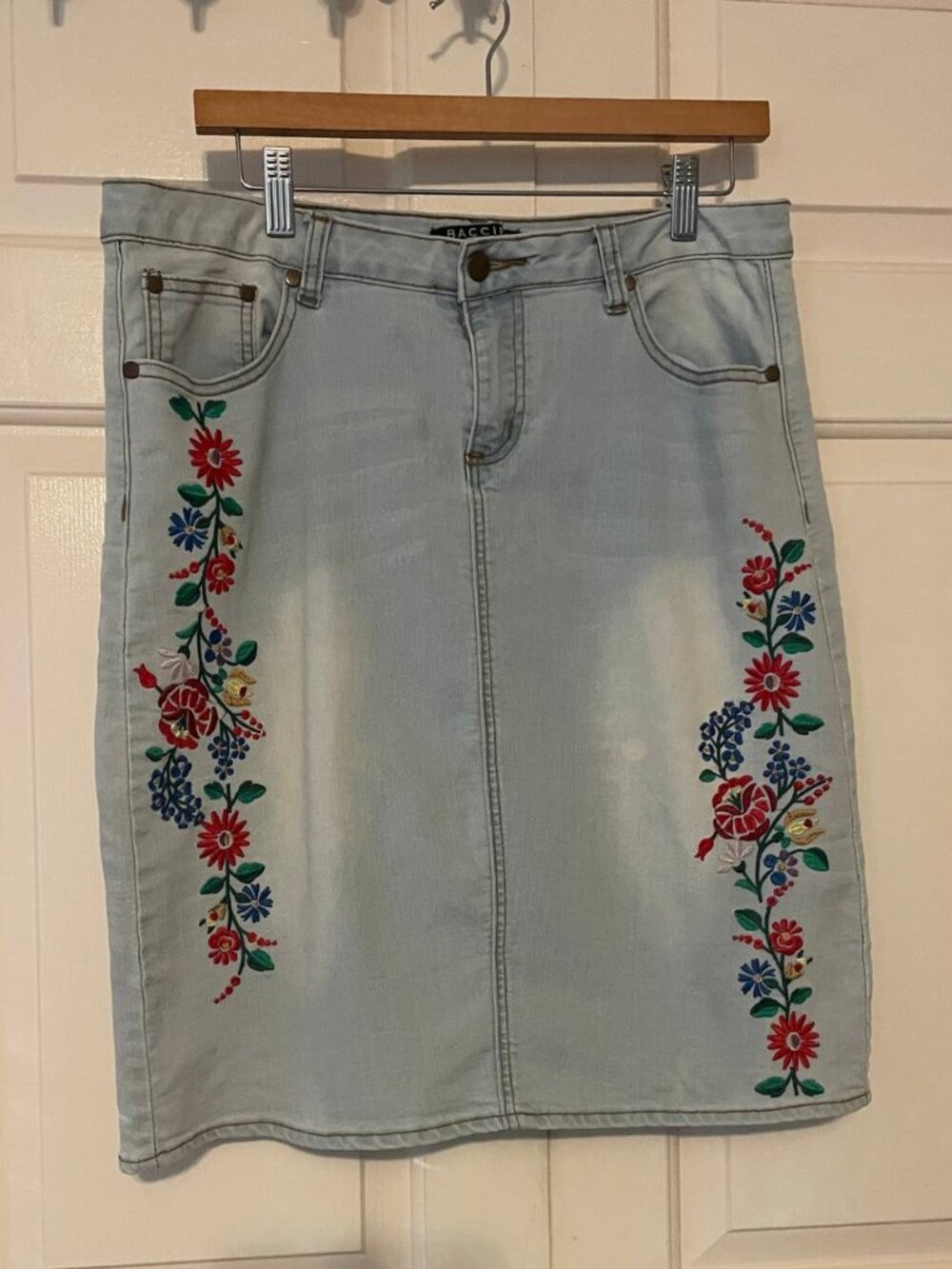 BACCINI Jean Light Floral Embroidered fall Denim Skirt - Boho Cottagecore Mid